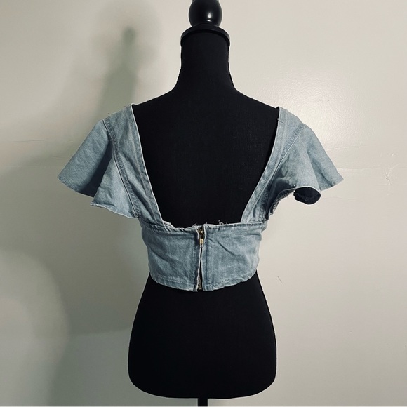 prettylittlething | flared sleeve blue denim crop top - Picture 8 of 13